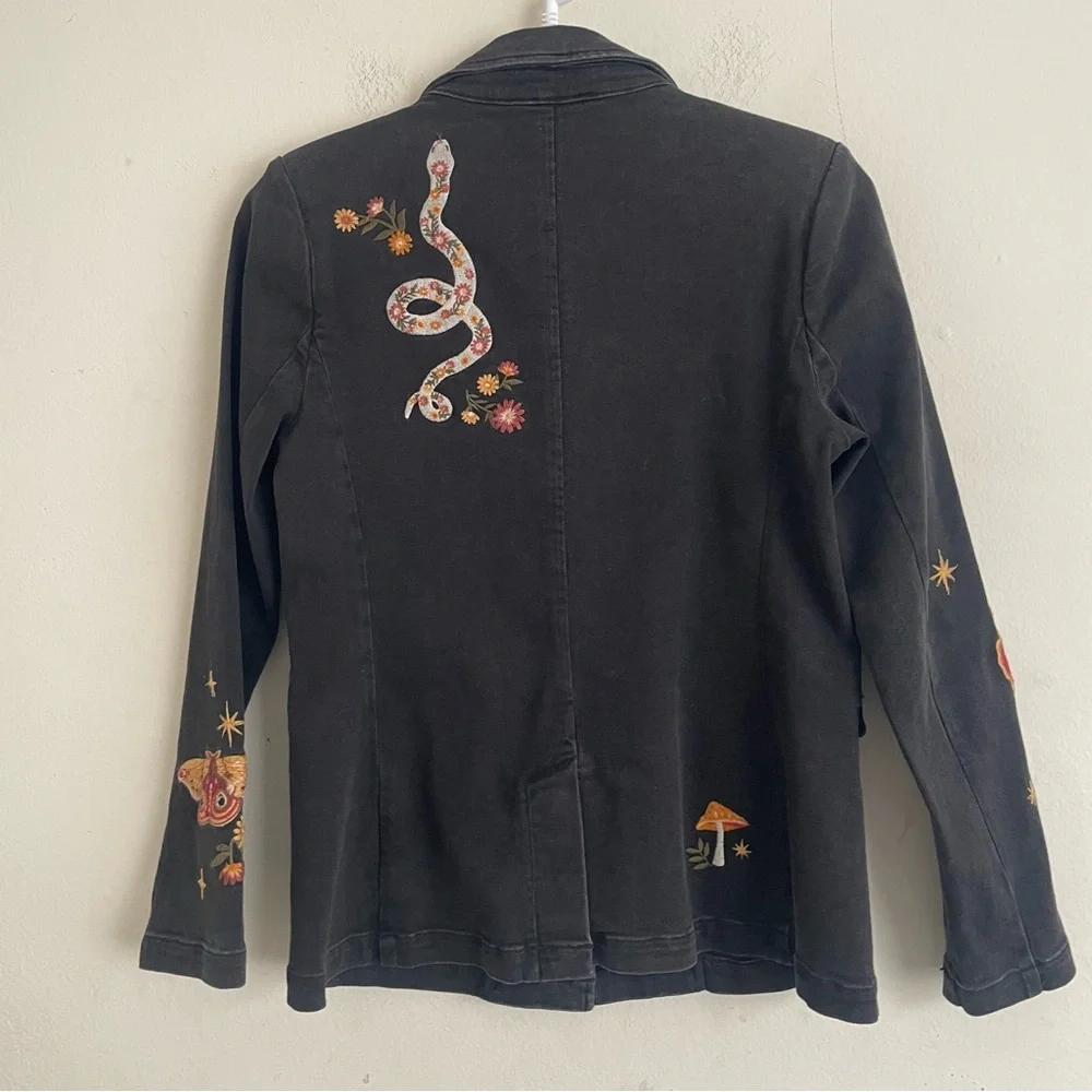 Driftwood Hallucinations Embroidered Denim Blazer Jacket Black M Moon Snake - Picture 3 of 6